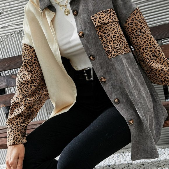 Gray Color Block Leopard Patched Corduroy Shacket - Picture 1 of 7